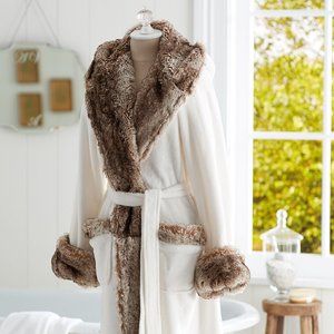 Pottery Barn Faux Fur Ombre Robe Ivory/Caramel, Size S